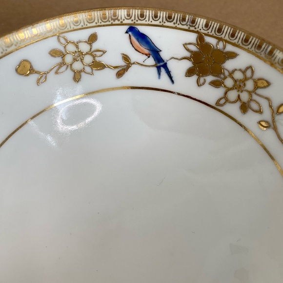 Vtg Nippon Hand Painted Small Bowl Saucer and Dessert Plate Gold Blue Birds - Picture 9 of 13
